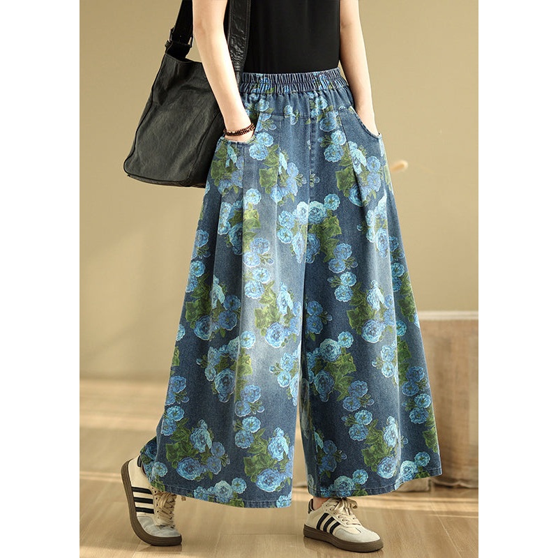 Drop Pockets Blue Wide Denim Casual Pants Print Leg