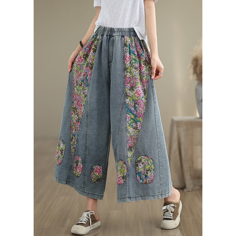 Elastic Casual Waist Summer Patchwork Blue Crop Jeans Pockets