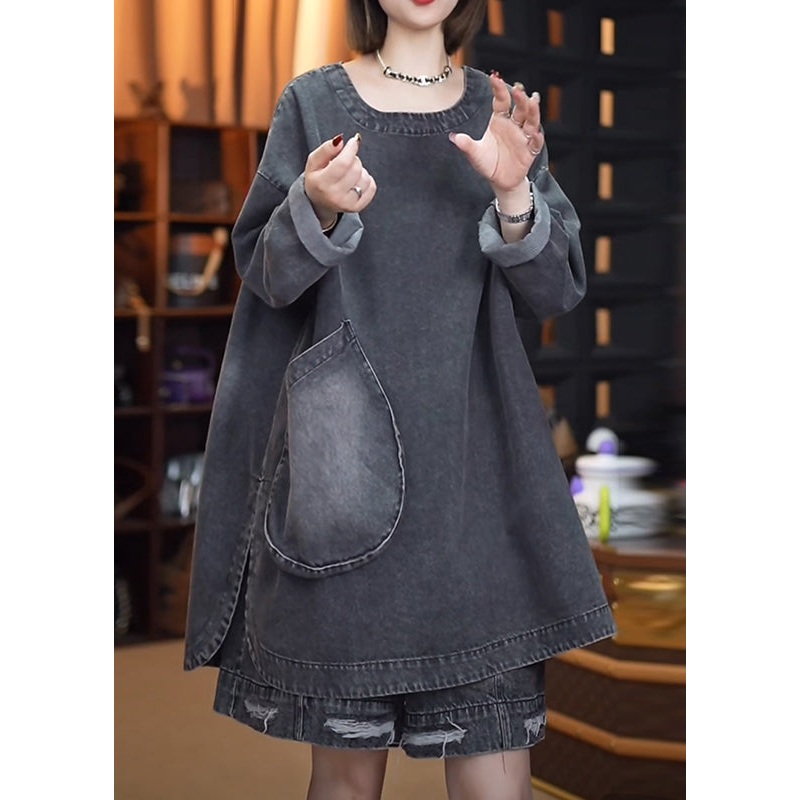 Fall Side Open Retro Denim Patchwork Black Tops
