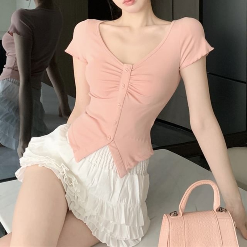 High A-Line / Slit Tee Plain Short-Sleeve Frill Crop Ruched V-Neck Trim Skirt Layered Mini Waist