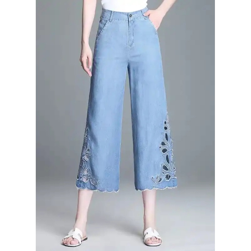 Hollow Blue Summer High Elegant Out Crop Waist Jeans