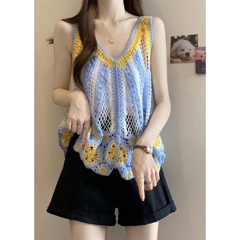 Knit Light Hollow Sleeveless Top Blue Out