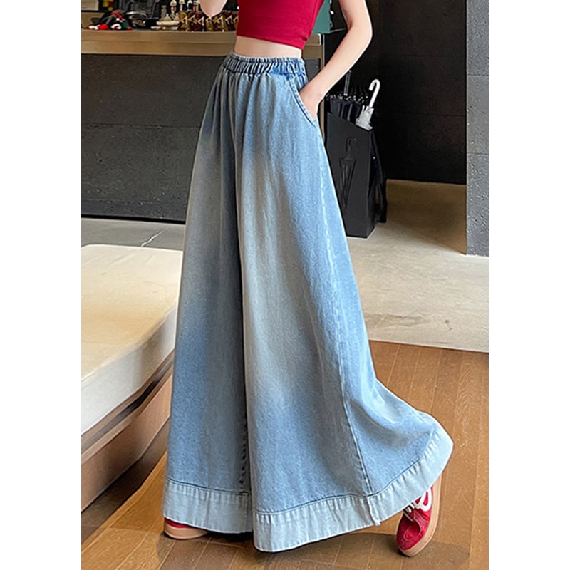 Pockets Waist Jeans Blue Fashion Wide Leg Elastic