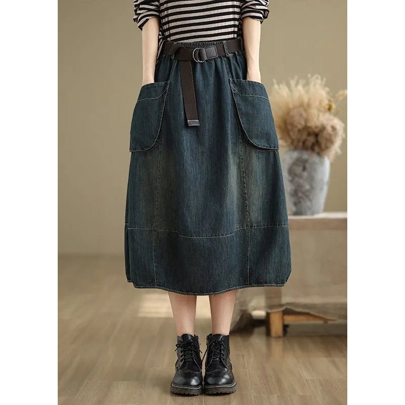 Skirts Pockets Waist Elastic Blue Stylish Maxi Denim Patchwork