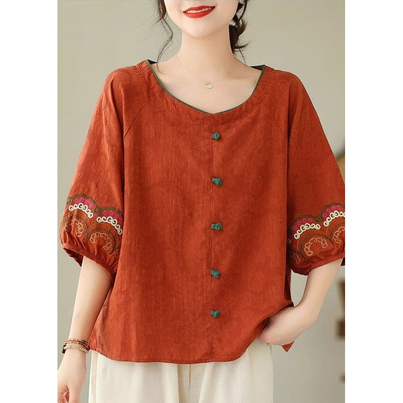 Summer Top O-Neck Orange Button Loose