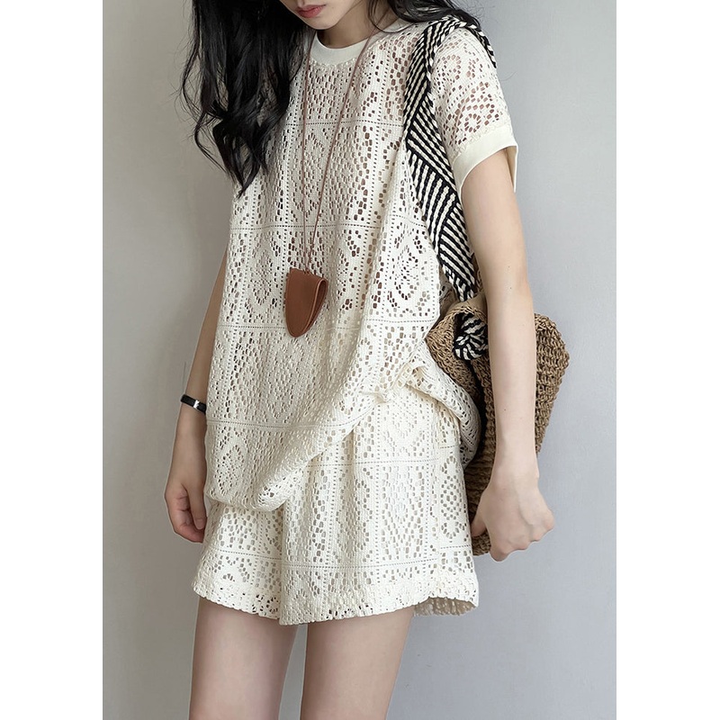 Top O-Neck Beige Pieces Hollow And Two Set Casual Shorts Out