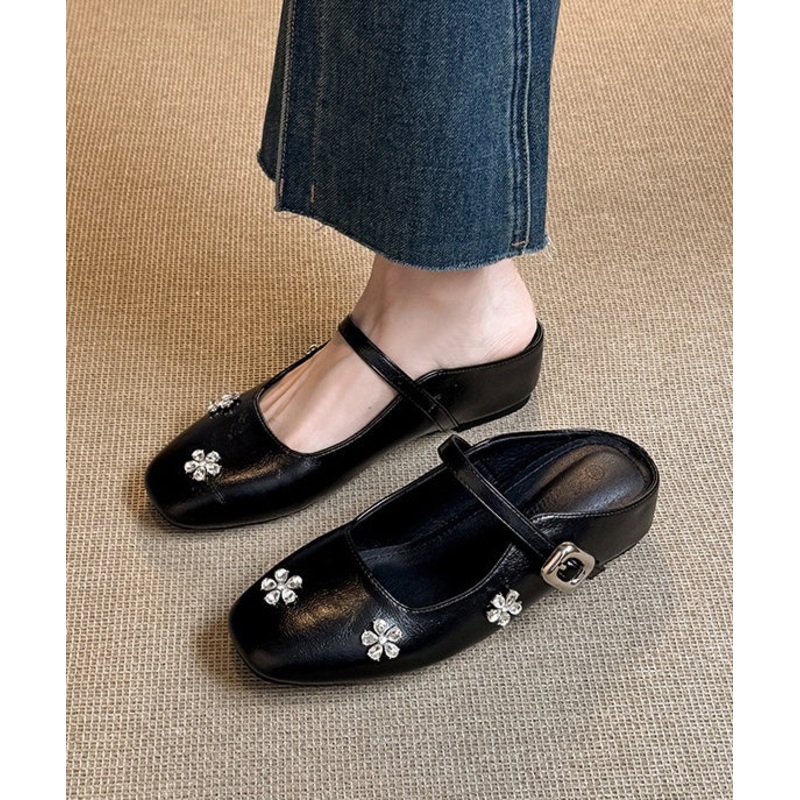 Wedge Slide Black Zircon Leather Faux Splicing Sandals Boutique