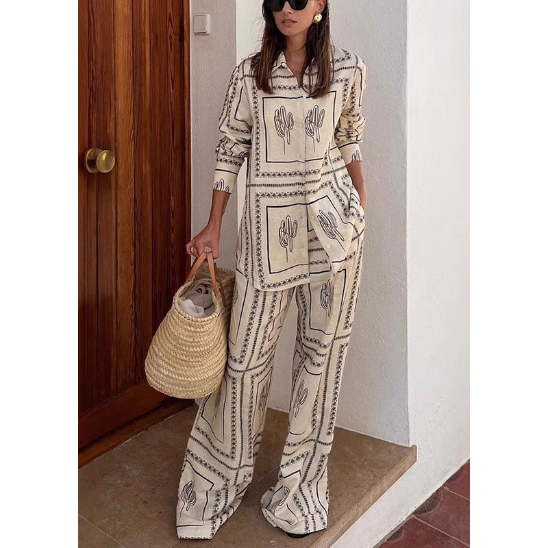 Wide And Natural Leg Pan Pants Shirts Collar White Print Peter