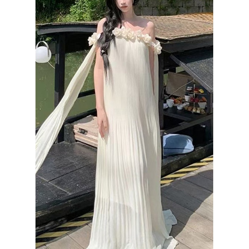 Beige Solid Summer Dresses Slash Chiffon Floral Neck Maxi