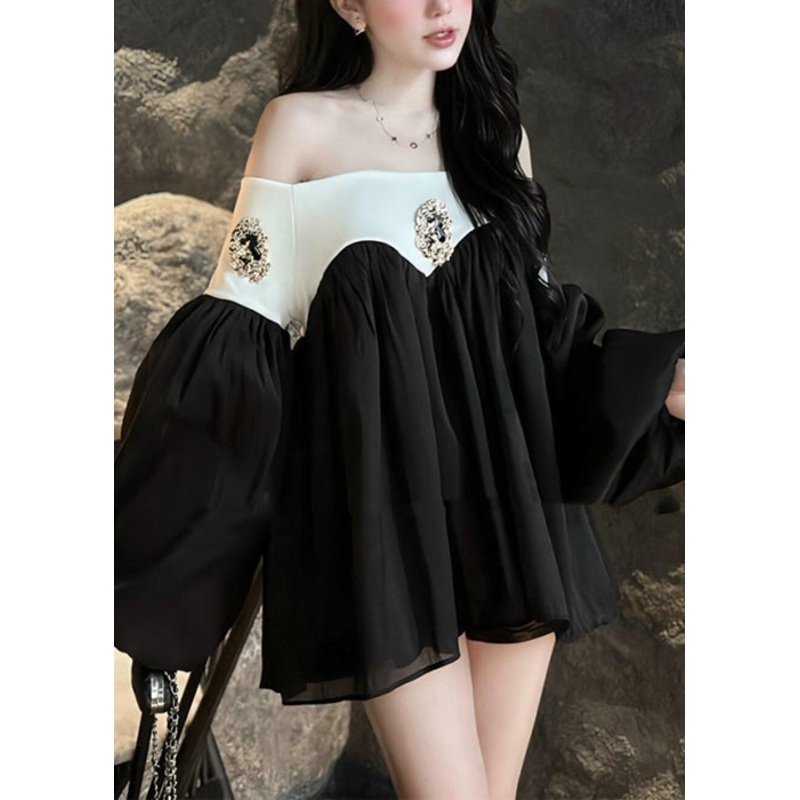 Chic Patchwork Mid Lantern Slash Black Sleeve Neck Dress Chiffon