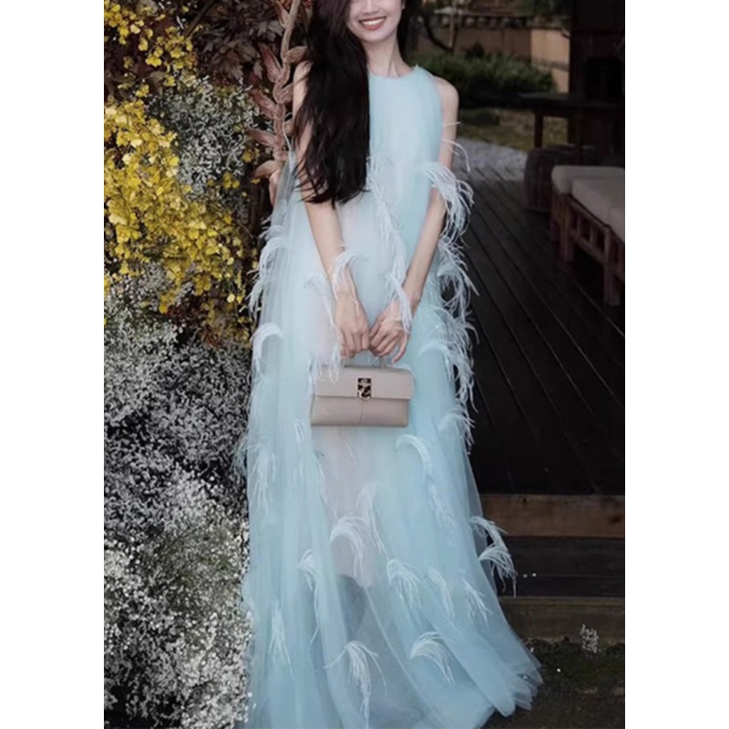 Chiffon Patchwork Novelty Dresses Robe Sleeveless Feather Blue