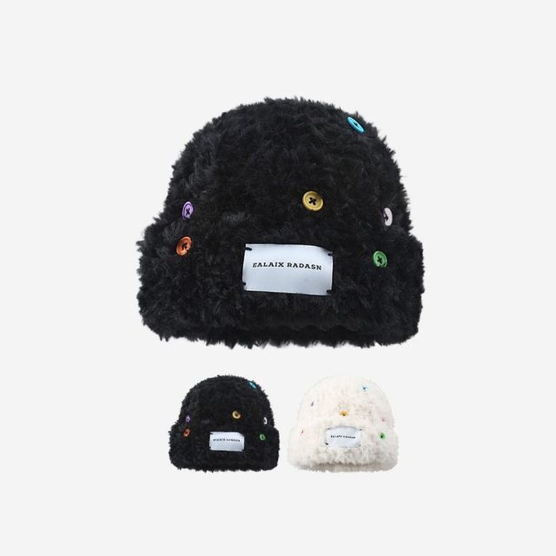 Plain Beanie Applique Fluffy|E-407 – Black|One Size