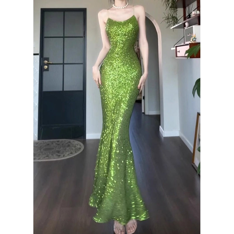 Solid Dress Sleeveless Spaghetti Fit Slim Strap Sequins Green
