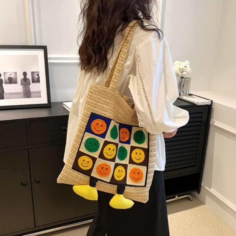 Tote Face Smiley Bag Crochet|Khaki|Off-White|One Size