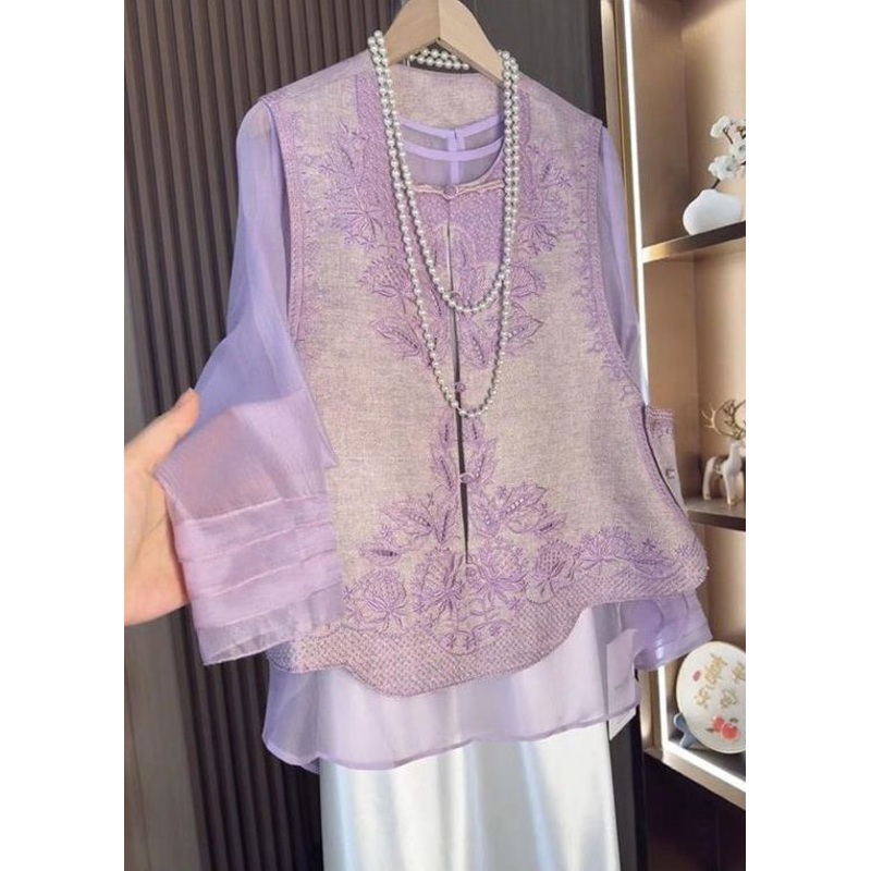 Two-Piece Waistcoat Embroidered Chinese And Set Purple Style Tops