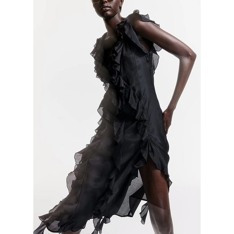 V Black Dress Sleeveless Long French Neck Ruffled Cotton