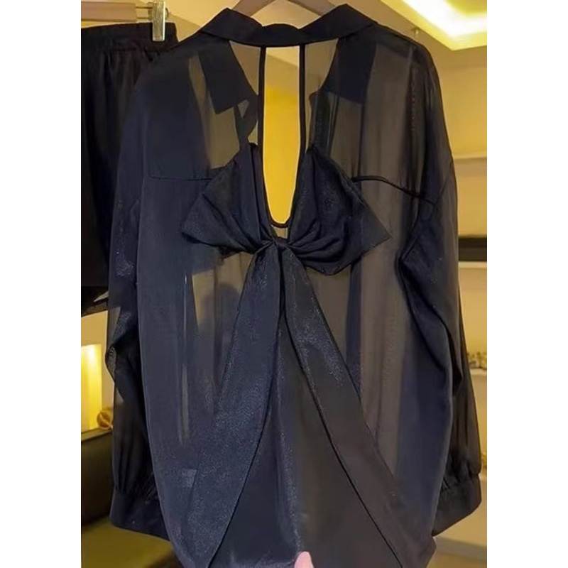 Bow Blouses Backless Chiffon Sheer Summer Black Casual