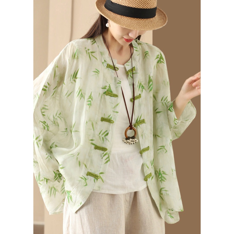 Button Chinese Oversized Blouses Summer Green Print Linen