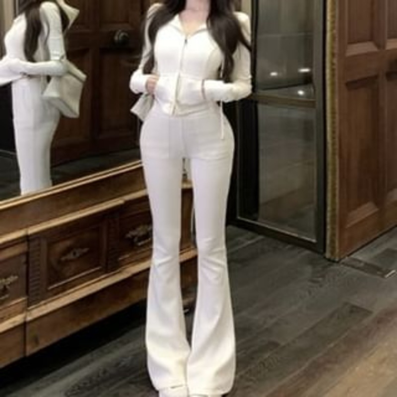Flared Plain Hoodie / Sweatpants Crop Zip High Waist