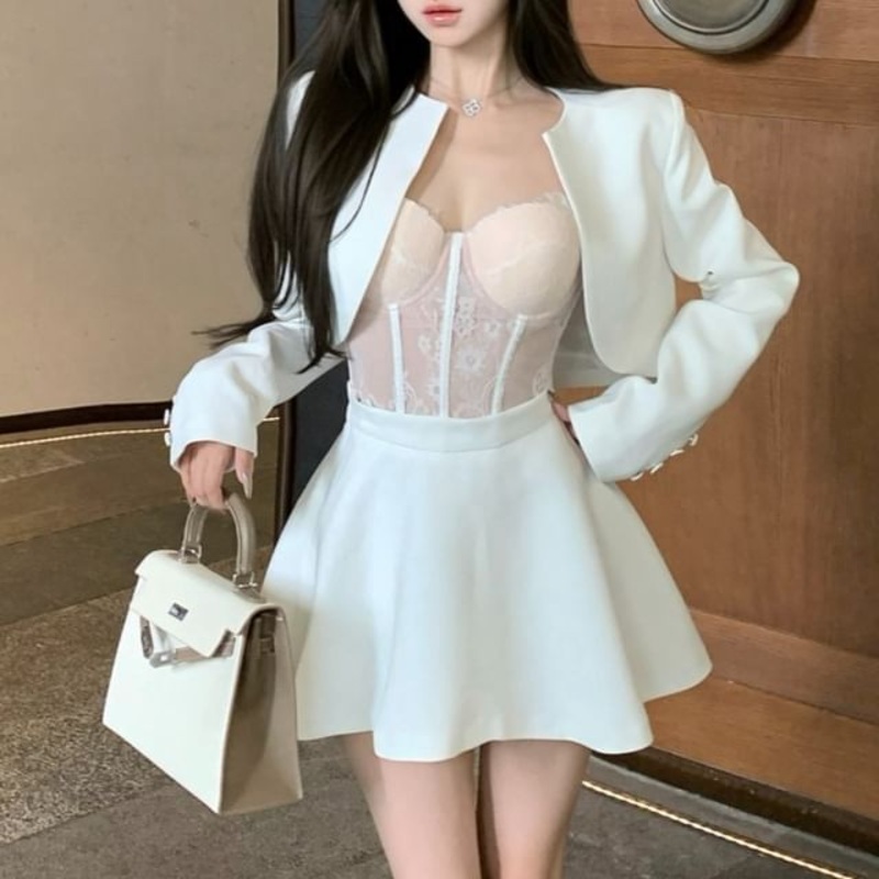 Jacket Mini / Lace Plain Bustier A-Line Skirt Cropped Open Top High Front Rise