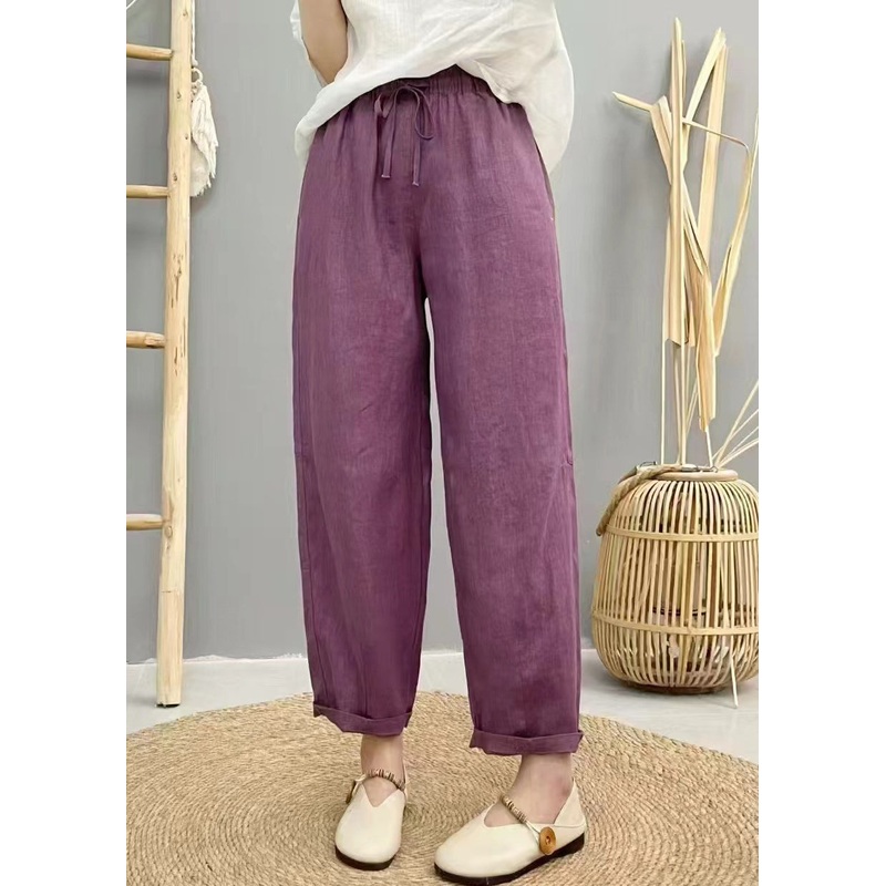 Linen Purple Pants Waist Harem Boho Oversized Elastic Summer
