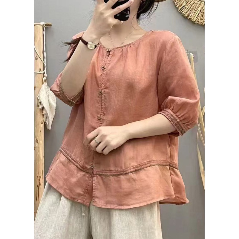 Red Blouse Brick Tops Patchwork Cotton Casual Summer Embroidered