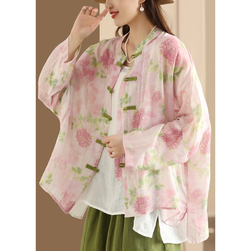 Summer Oversized Print Pink Oriental Linen Vintage Shirt Top