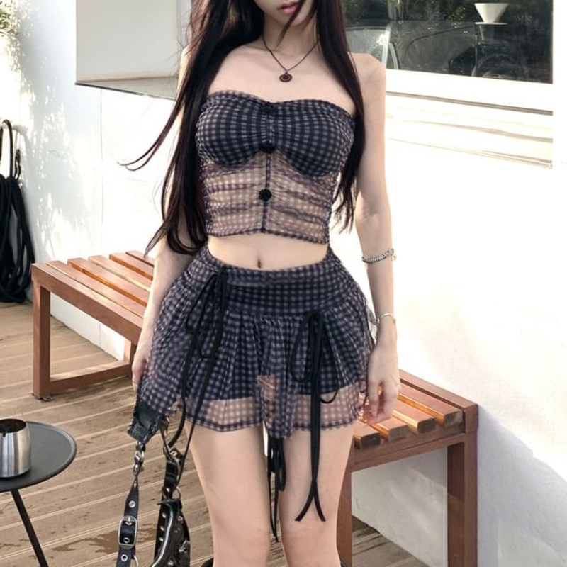 / Tube Bow Plaid Mini High Rise A-Line Ruched Skirt Top Sheer