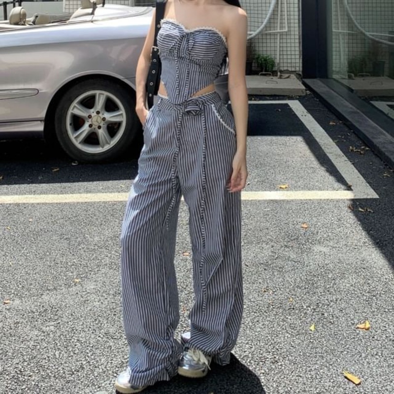 Tube Waist Top Pants Striped Wide Leg / Mid Strapless