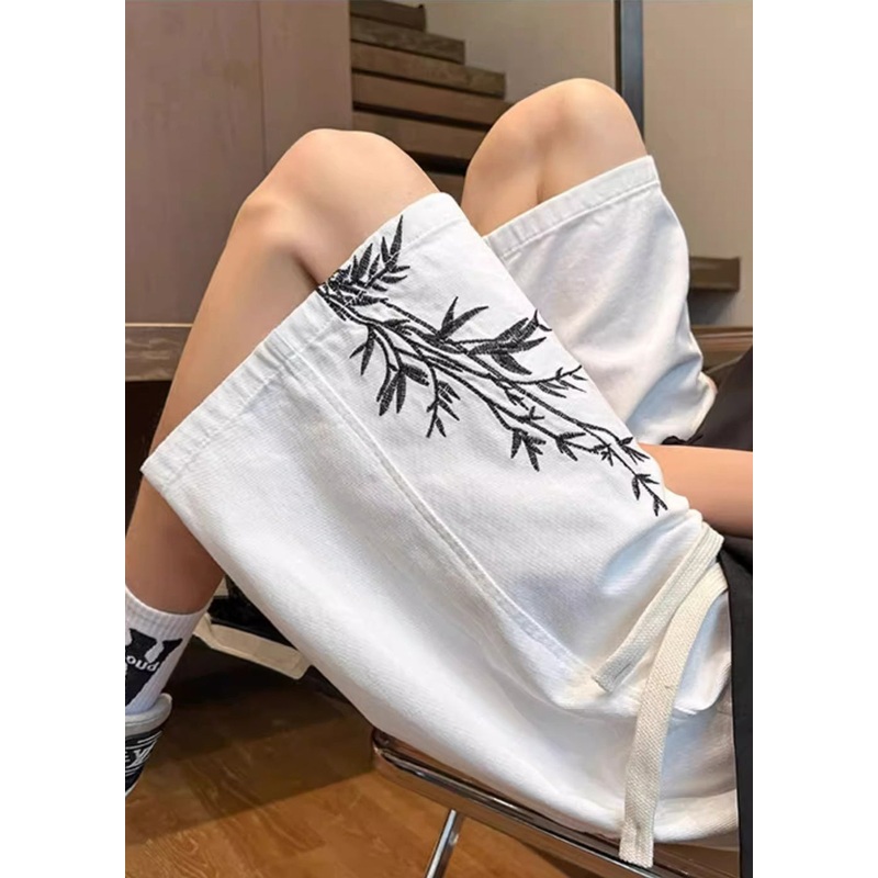 Up Elastic White New Denim Waist Shorts Pockets Lace Men