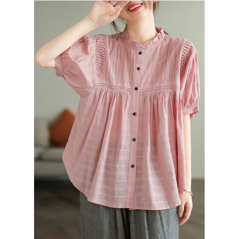 Wrinkled Summer Simple Blouse Cotton Oversized Pink Top