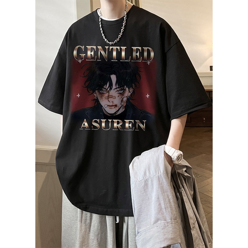 Black Print Letter Mens O Neck Loose Cotton T Shirts Summer