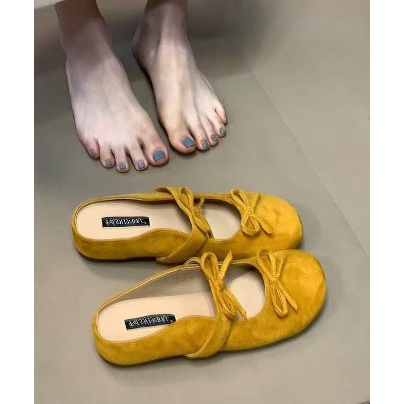 Bow Splicing Sandals French Yellow Slide Wedge