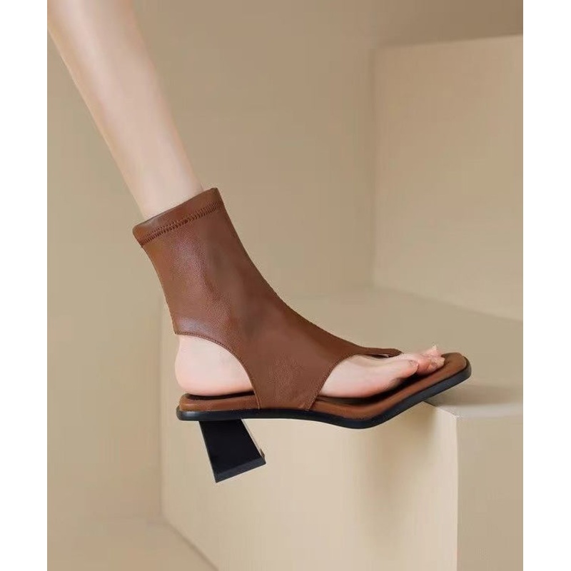 Brown Flops Boots Chunky Splicing Flip Chic Faux Leather