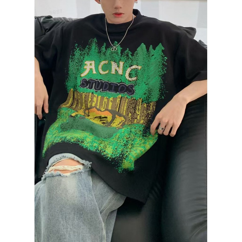 Casual Half Print Black Men’s Cotton Shirts O-Neck T Sleeve