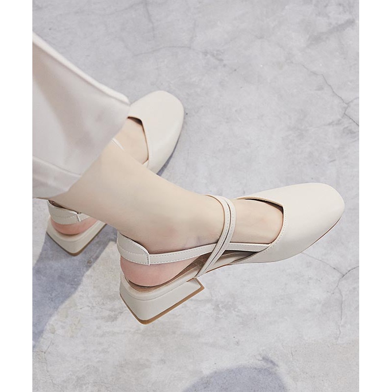 Chunky Boutique Leather Beige Sandals Splicing Faux