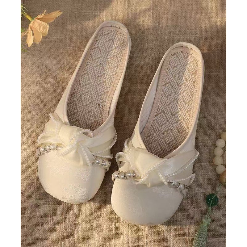 Chunky Splicing Satin Slide Retro Embroidered Sandals White