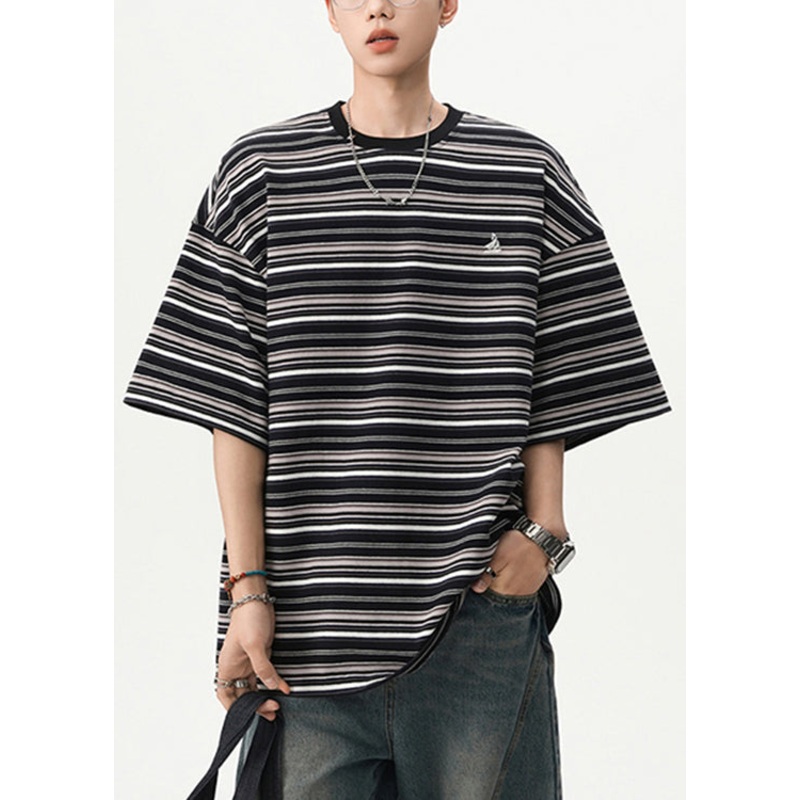 Cotton T Black Shirts Mens O Striped Cozy Summer Neck