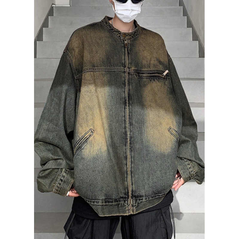 Denim Zippered Blue Coat Fall Pockets Men Vintage