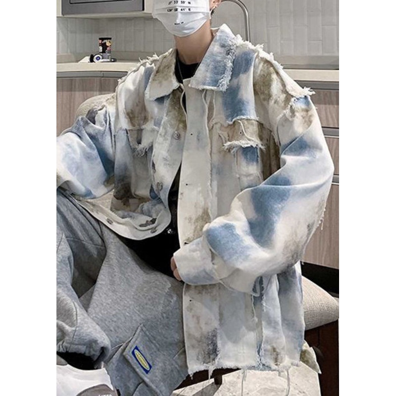 Edge Raw Dye Fall Tie Coats Denim Mens Blue Unique