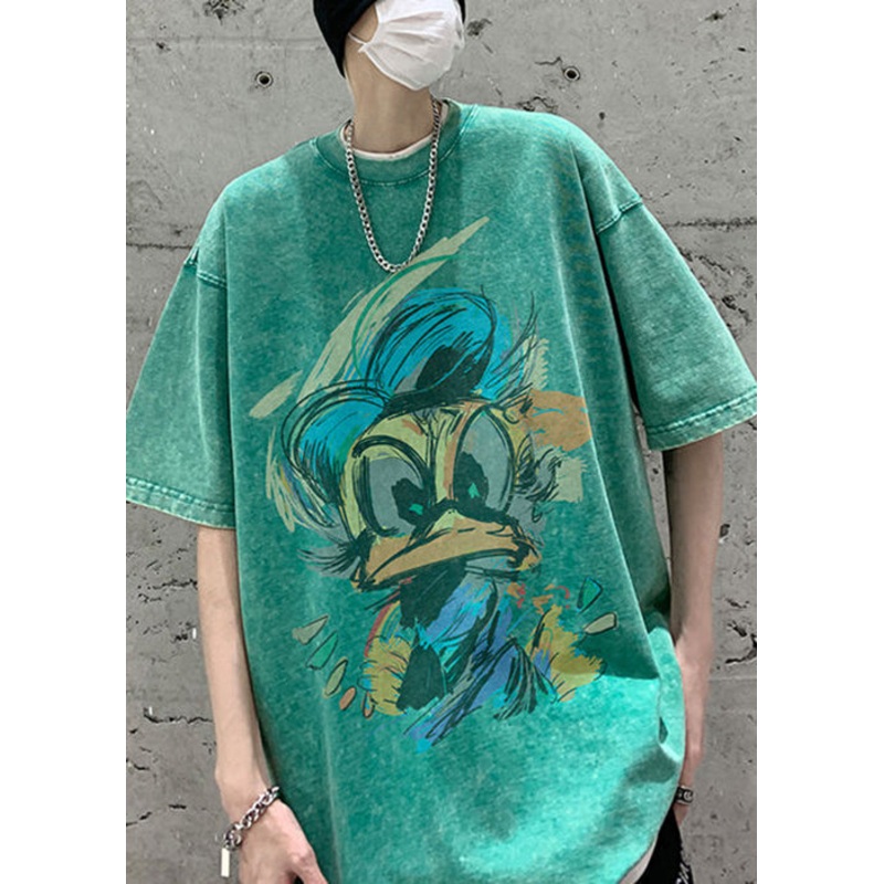 Green Neck Print Summer Shirt Mens Cotton T Vintage O