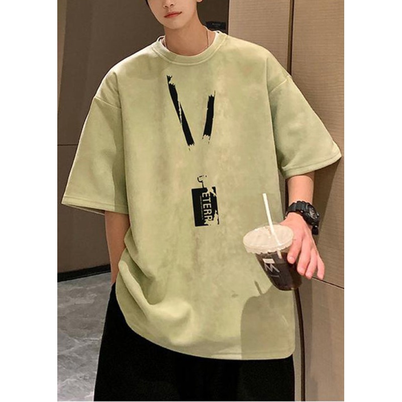 Shirts T Pea Summer Suede Faux Green Loose Neck O Men Print