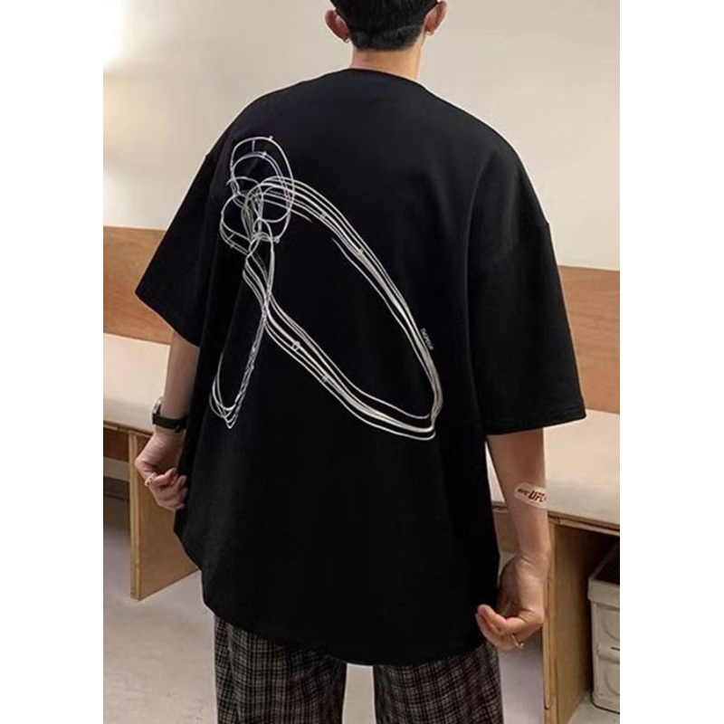 Sleeve Black Letter Men Shirts Neck T Short Cotton O Loose