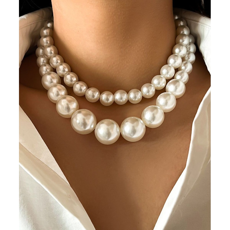Stainless Tassel Steel Necklace Bead White Gratuated Classy Pearl