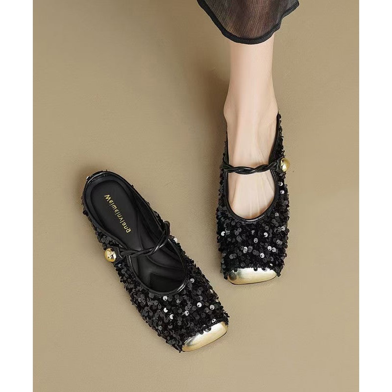 Strap Splicing Sandals Black Fashion Sequins Buckle Slide