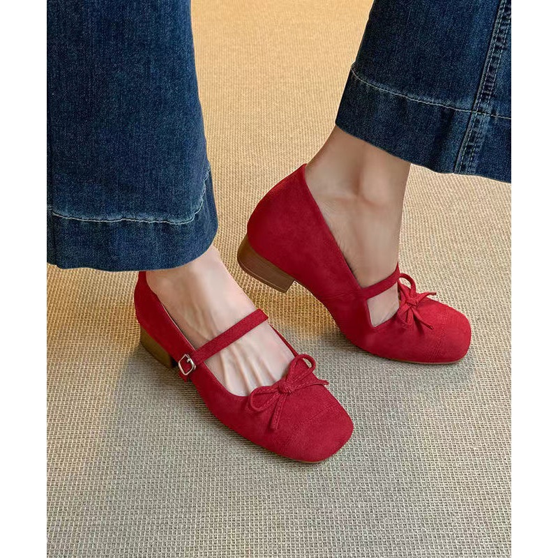 Suede Shoes Red Chunky Splicing New Buckle Bow Strap