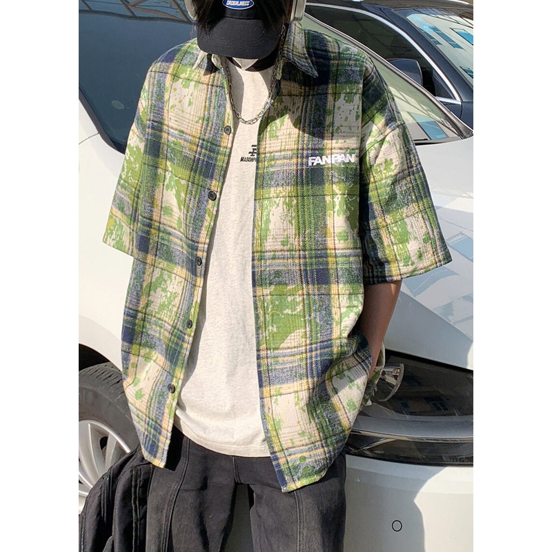 Summer Men Green Plaid Shirts Size Tie Plus Cotton Dye