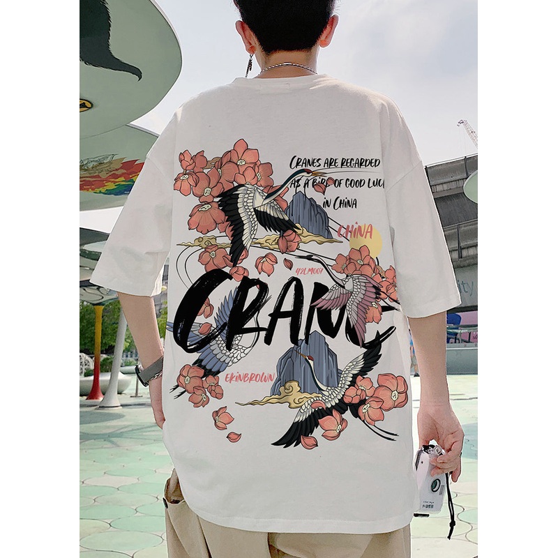 T Print Neck Shirts Sleeve Men Loose O White Half Cotton