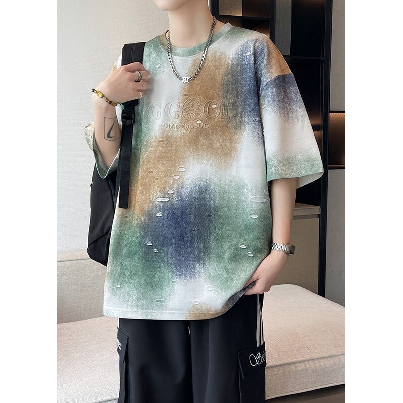 Tie Cotton Letter Dye Sleeve Shirts Half Men T White Hole