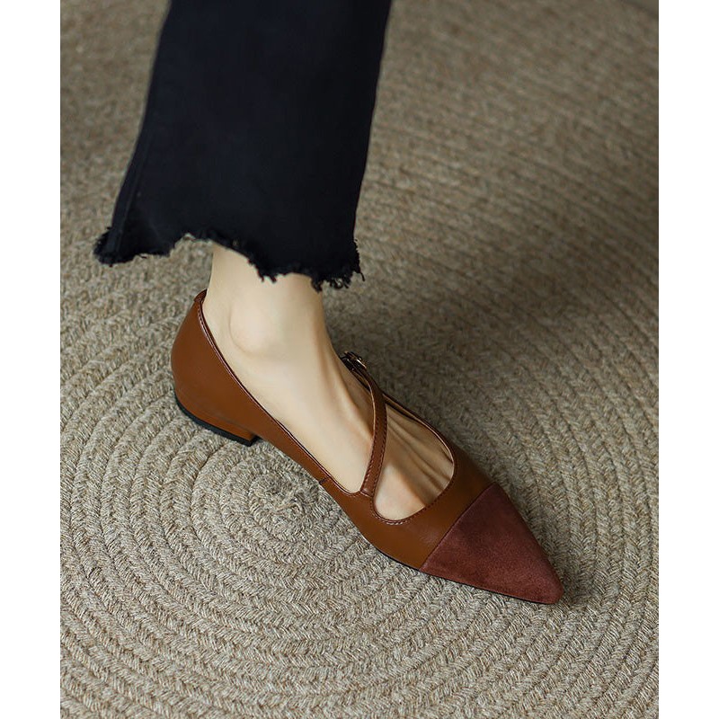 Toe Shoes Leather Splicing Pointed Flat Cowhide Brown French